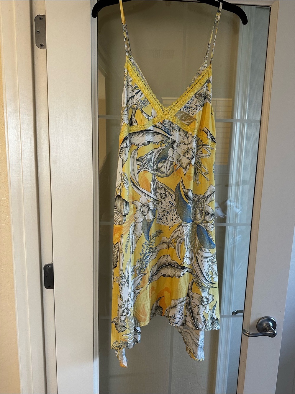 Maaji Yellow Floral Asymmetrical Slip Dress with Lace Trim